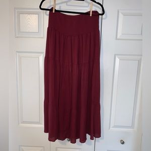 ZESICA Women's  High Elastic Waist Wine Color Ruffle A Line Swing Midi Skirt